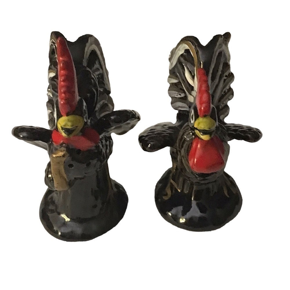 Pair of Vintage dark brown ceramic rooter salt and pepper shakers
